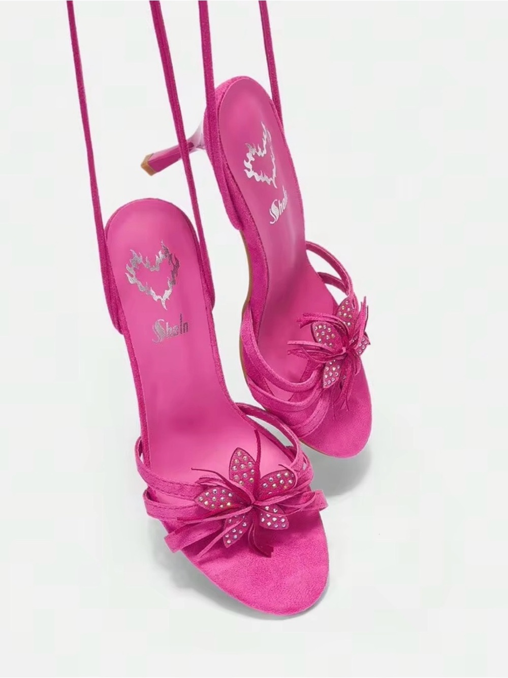 SHEIN Hot Pink Floral Gem Embellished Lace-Up Heels